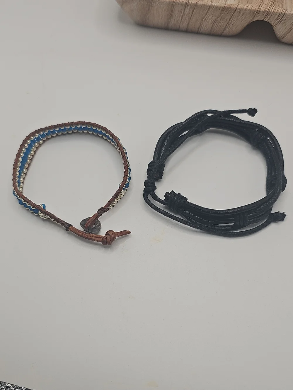 Unbranded Men's Black Leather Cord Bracelet and Brown Beaded Wrap Bracelet Set.